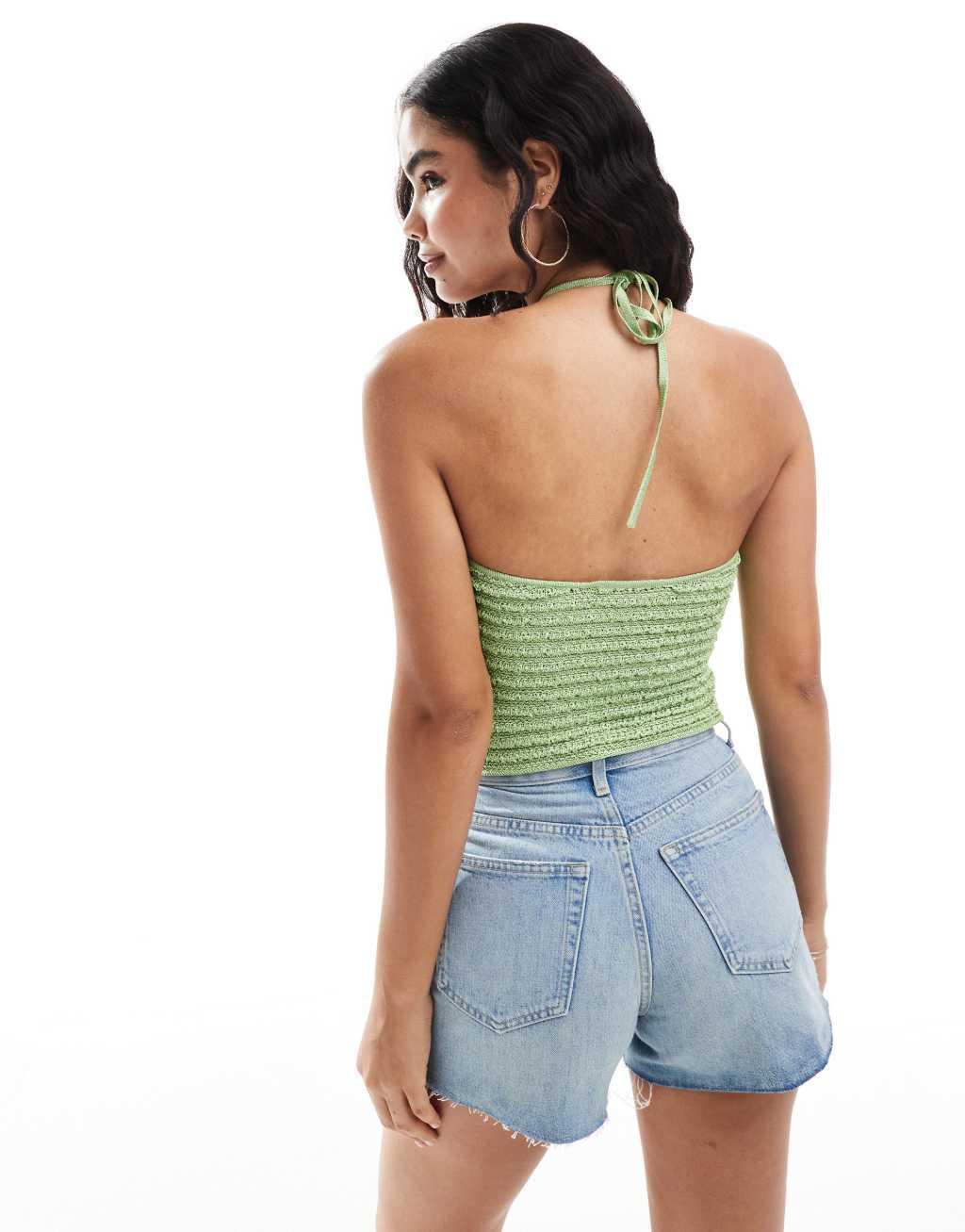 Mango halter crochet top in green Product Image