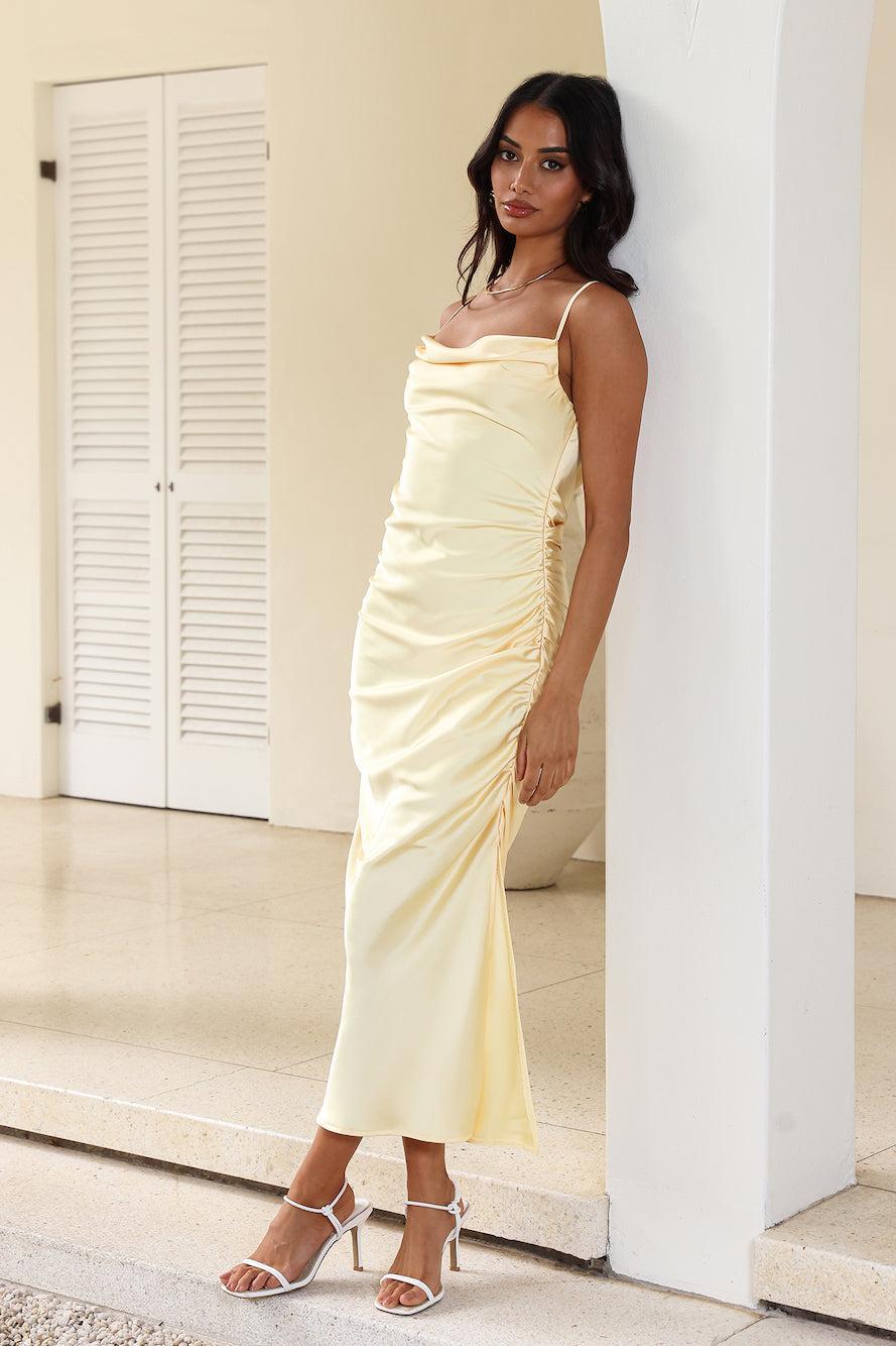 Keep Shining Satin Midi Dress Yellow Product Image