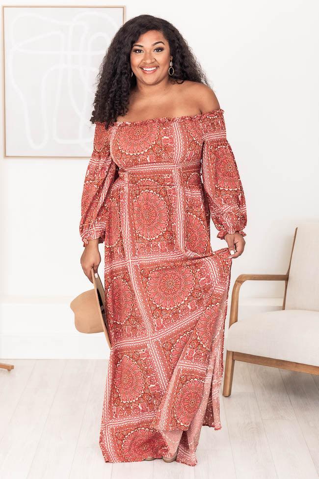 Sounds In My Mind Brick Smocked Bust Off The Shoulder Printed Maxi Dress Product Image