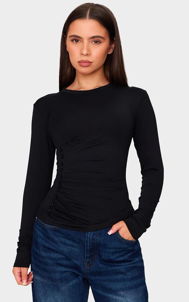 Petite Black Long Sleeve Button Detail Top Product Image