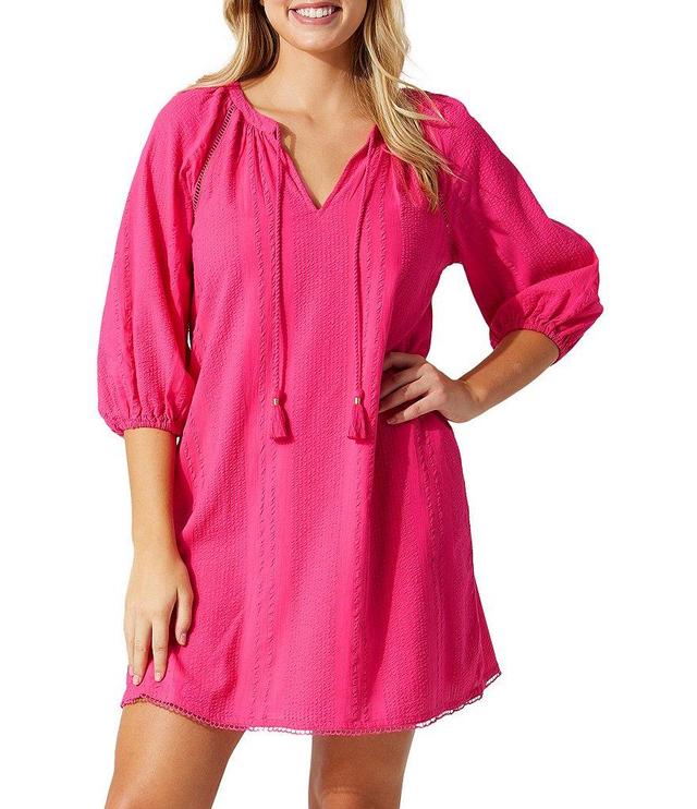 Tommy Bahama Variegated Seersucker Split V-Neck 3/4 Blouson Sleeve Swim Cover-Up Tunic Product Image