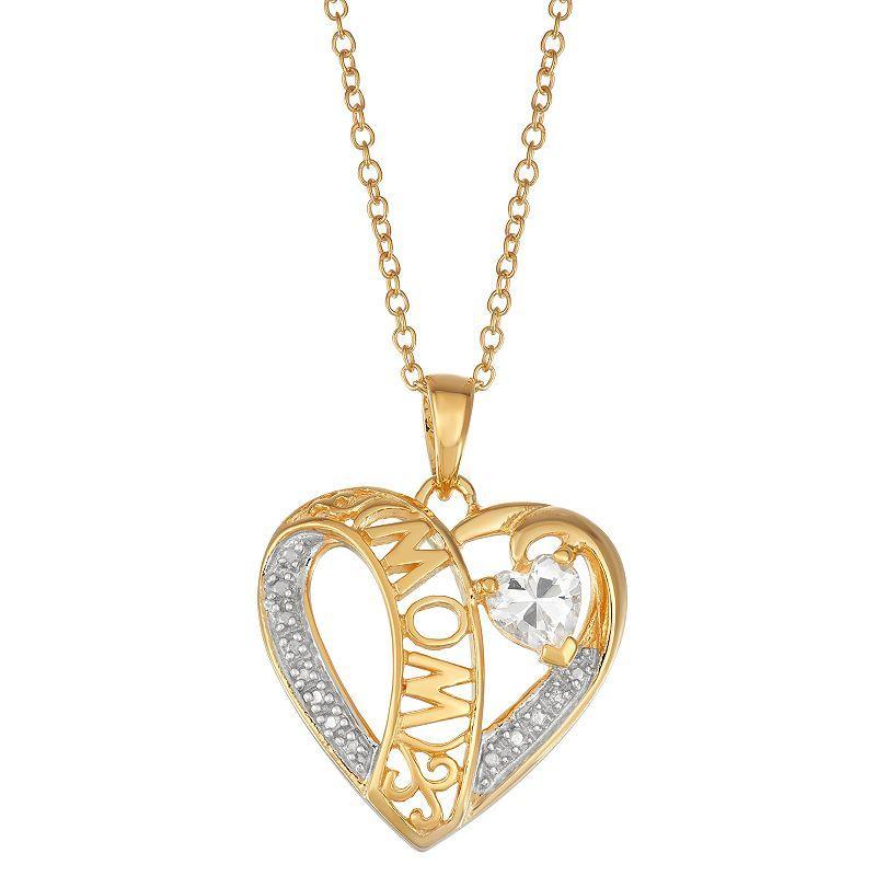 14K Yellow Gold over Sterling Silver Lab-Created White Sapphire Mom Heart Pendant Necklace, Womens Gold Tone Product Image