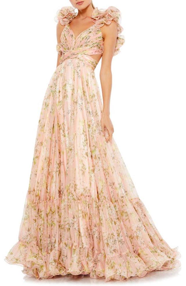 Floral Chiffon Cutout Ballgown In Pink Multi Product Image