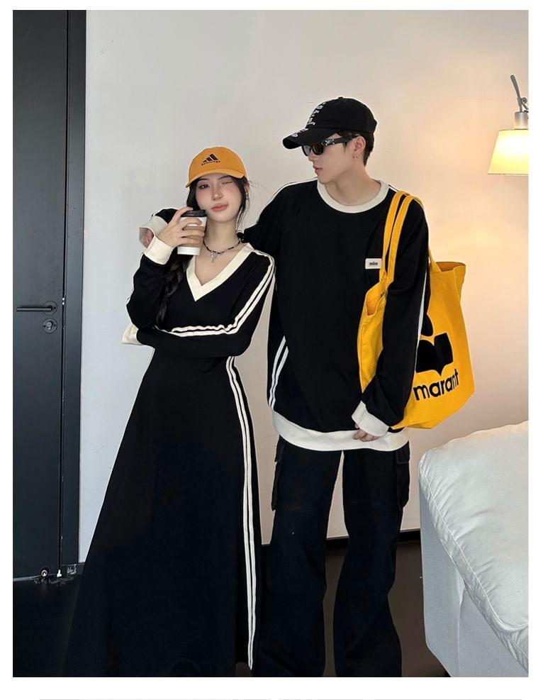 Couple Matching Crew Neck Striped Oversized Sweatshirt / Long-Sleeve V-Neck Maxi Sweatshirt Dress Product Image