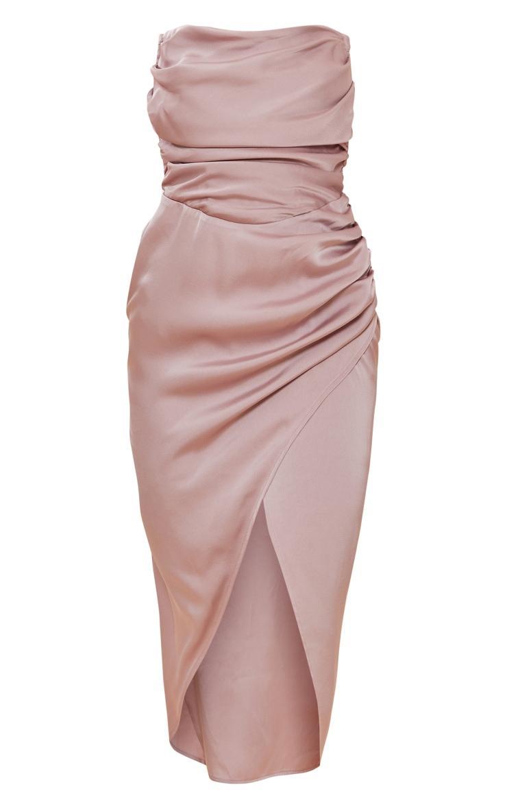 Blush Satin Bandeau Ruched Detail Midiaxi Dress Product Image