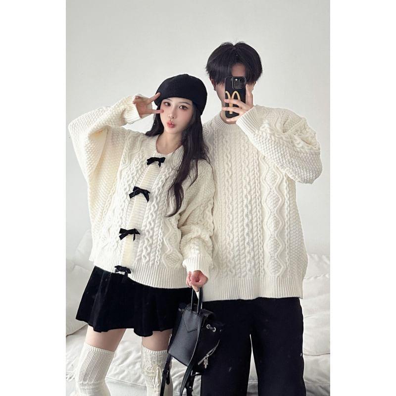 Couple Matching Round Neck Plain Cable Knit Sweater / Bow Cardigan Product Image