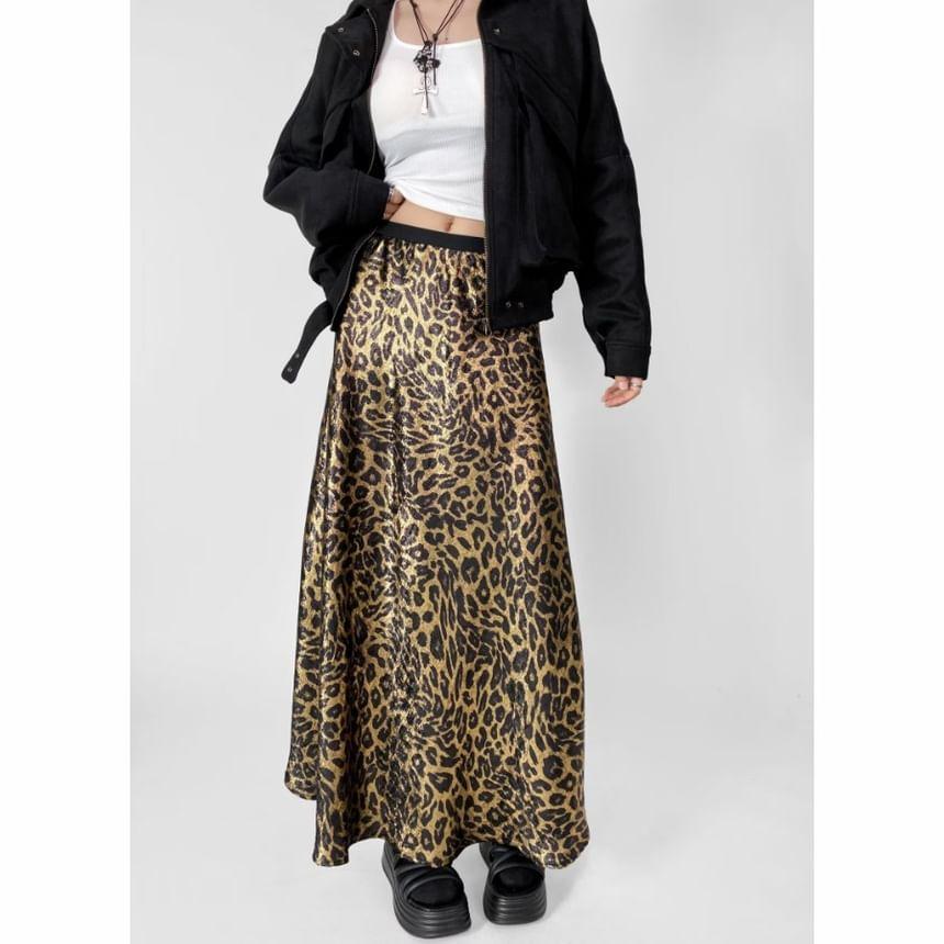 Low Waist Leopard Print Midi A-Line Skirt Product Image