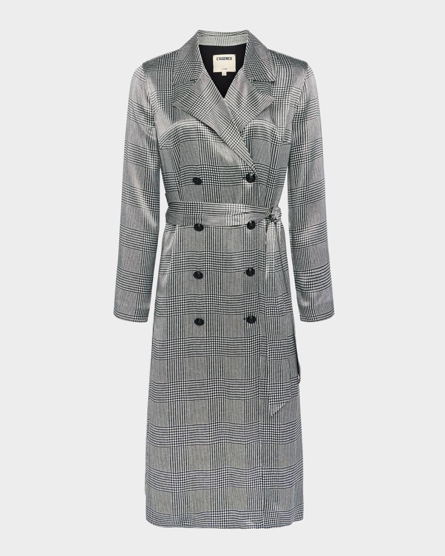 Moda Satin Houndstooth Plaid Trench Coat Product Image