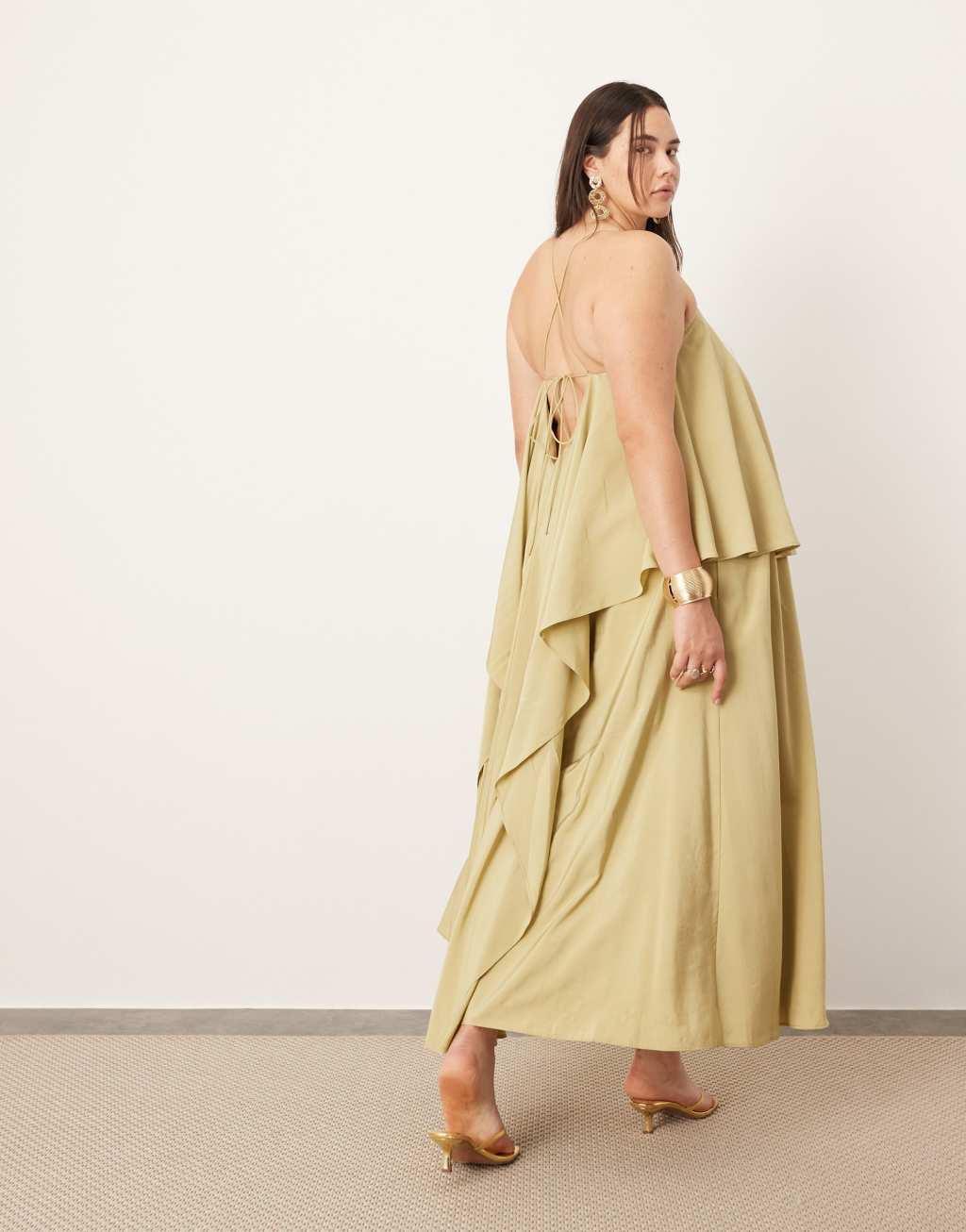 ASOS EDITION Curve strappy square neck maxi dress with pockets and dramatic drape detail in olive green Product Image