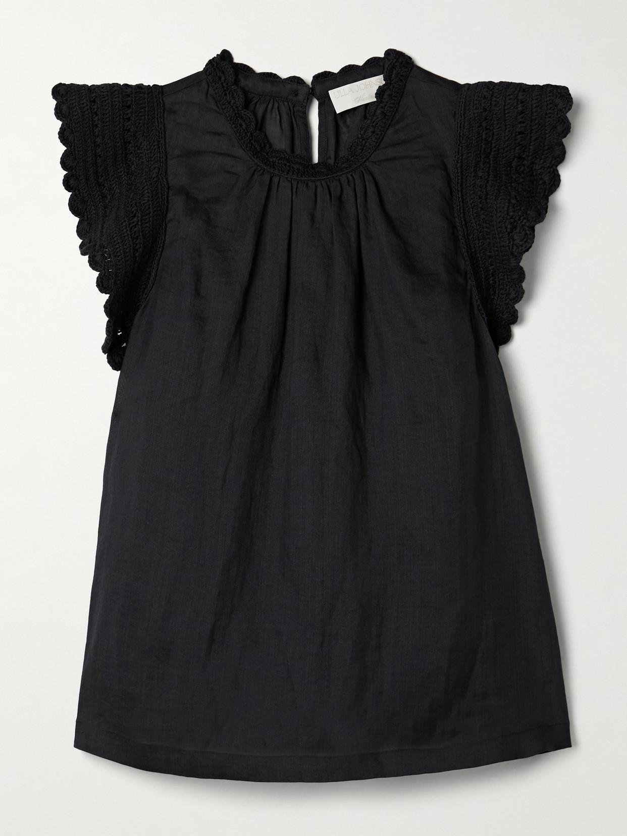 ULLA JOHNSON Kai Ruffled Crochet-sleeve Top In Noir Product Image