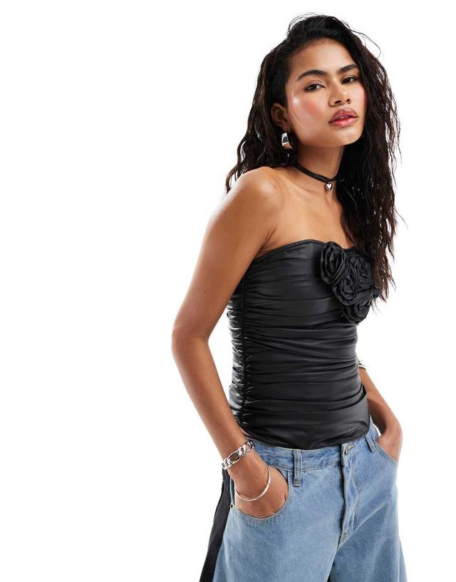 Lioness leather look ruched corsage corset top in black Product Image