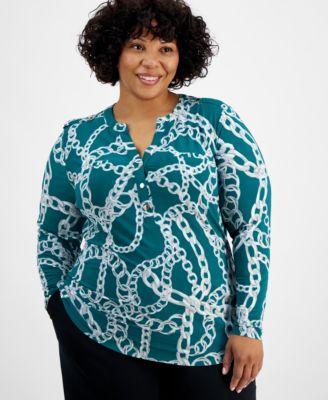 Plus Size Printed Long-Sleeve Top, Created for Macy's  Product Image