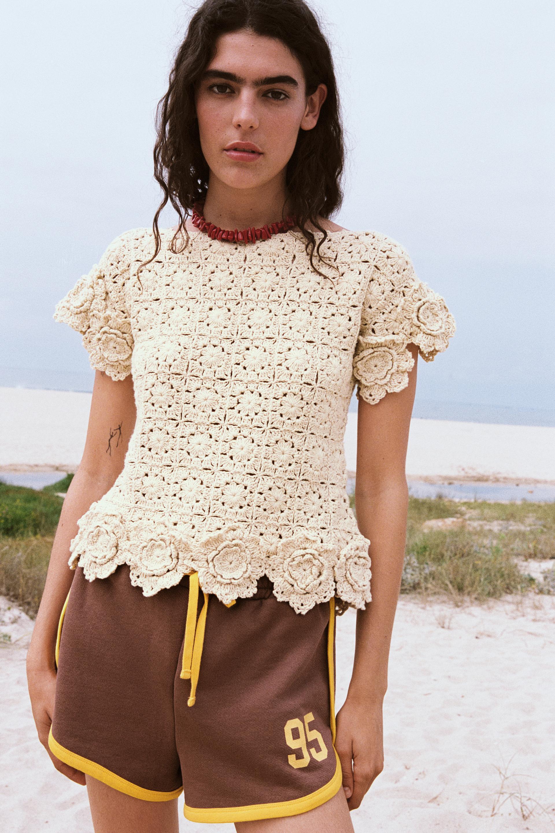 FLORAL CROCHET KNIT TOP Product Image