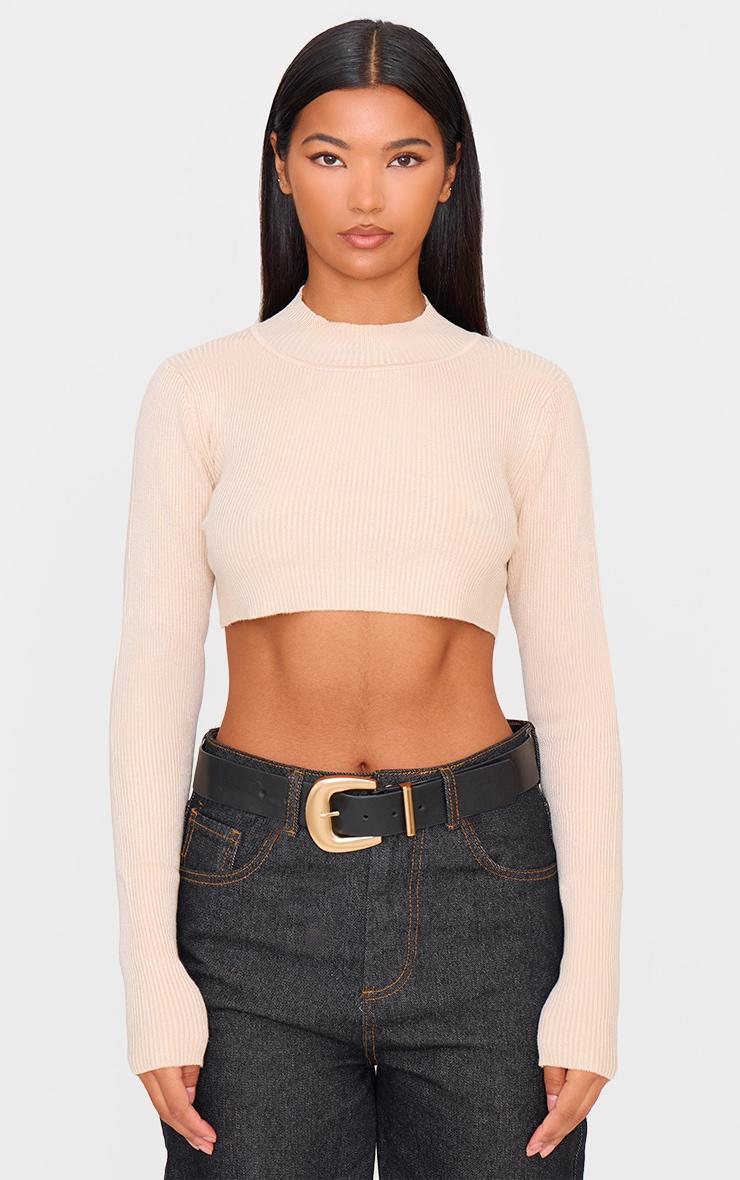 Oatmeal Knitted Cropped Crew Neck Sweater Product Image