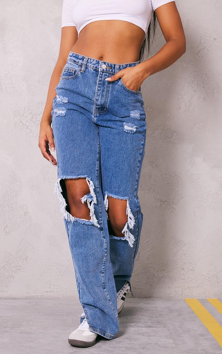 Washed Mid Blue Ripped Open Knee Split Hem Jeans Product Image