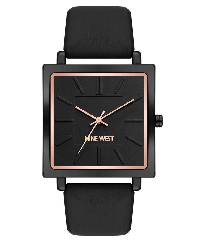 Nine West Womens Quartz Square Black Faux Leather Band Watch, 35mm - Black, Rose Gold-Tone Product Image