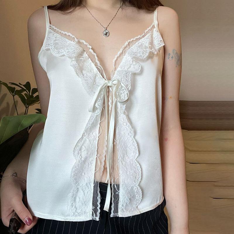 Spaghetti Strap Lace Trim Tie Front Cami Top Product Image