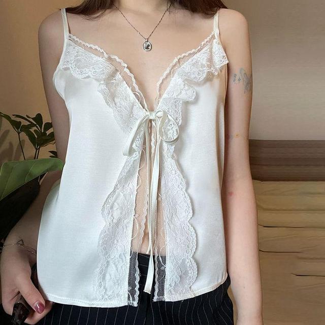 Spaghetti Strap Lace Trim Tie Front Cami Top Product Image