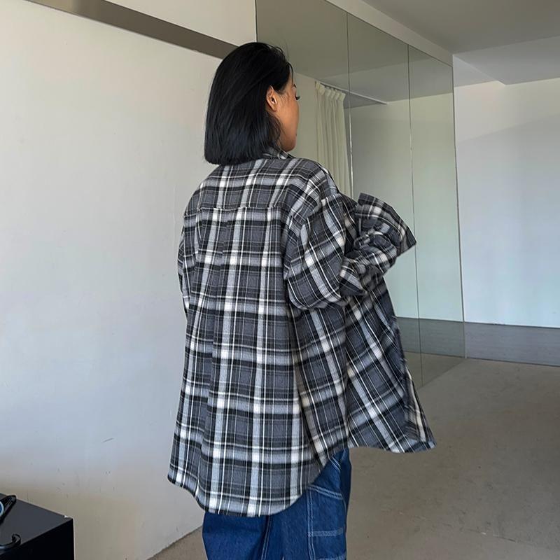 Long Sleeve Collared Plaid Oversized Shirt Product Image