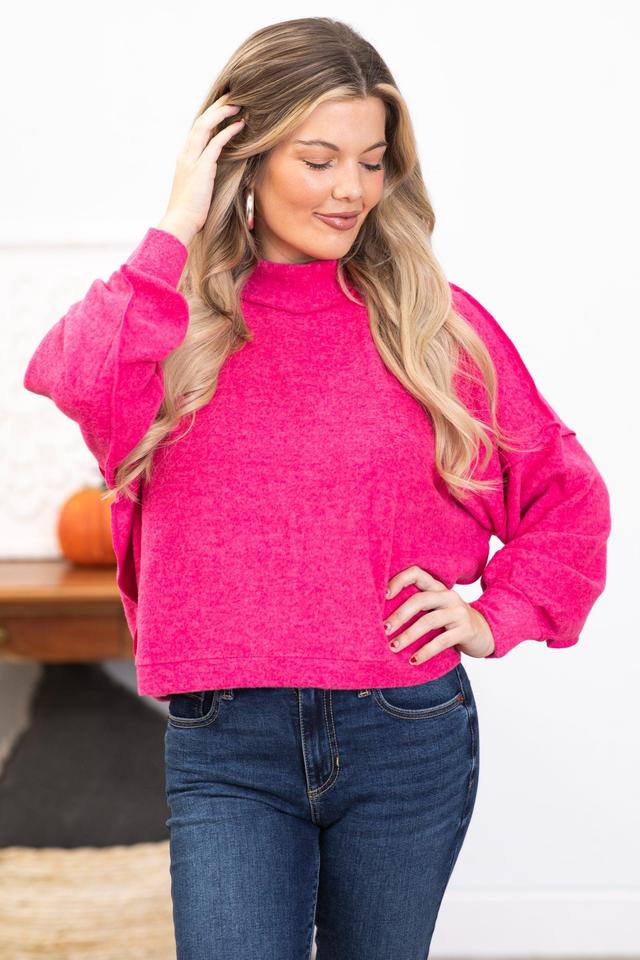 Hot Pink Hacci Knit Mock Neck Top Product Image