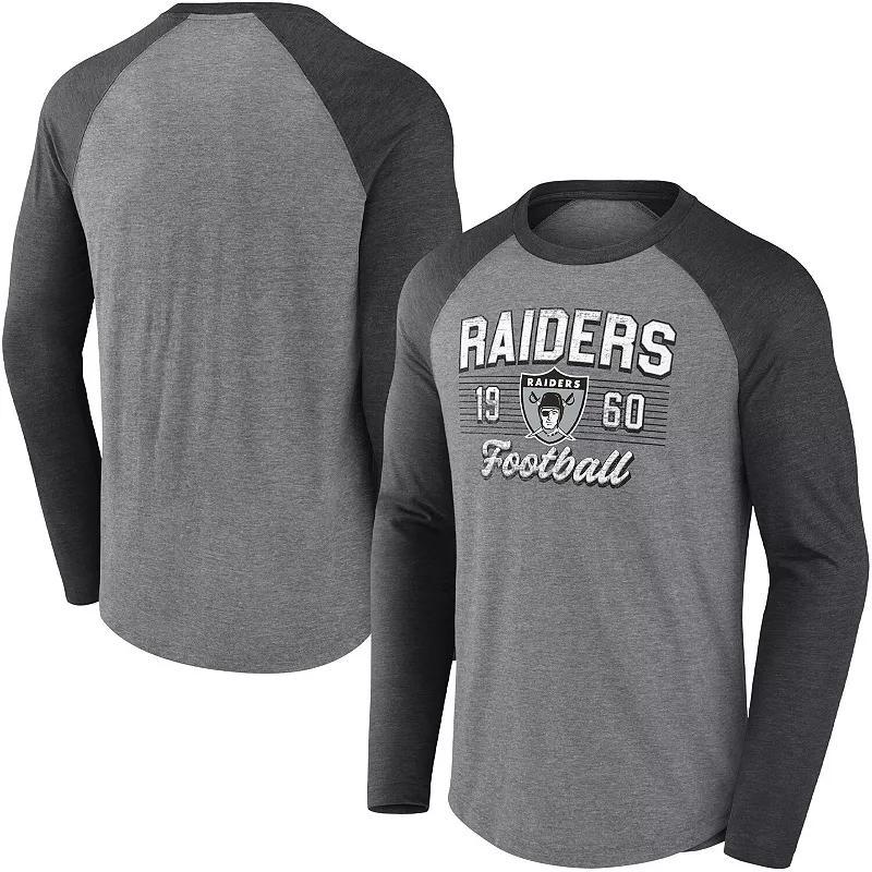 Men's Fanatics Branded Heathered Gray/Heathered Charcoal Las Vegas Raiders Weekend Casual Raglan Tri-Blend Long Sleeve T-Shirt Product Image