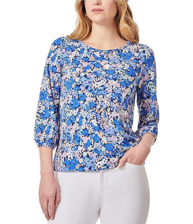 Jones New York Stretch Printed Crepe Crew Neck 3/4 Puff Sleeve Top Product Image