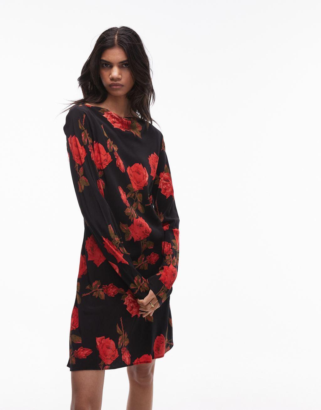 Topshop slash neck bias mini tea dress in rose floral Product Image