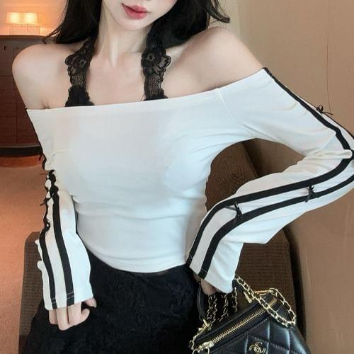 Long-Sleeve Striped Piping Crop Tee / Halter Neck Lace Top Product Image