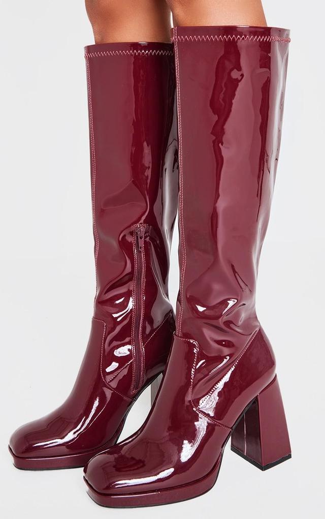 Burgundy Patent PU Square Toe High Block Heel Knee High Boots Product Image