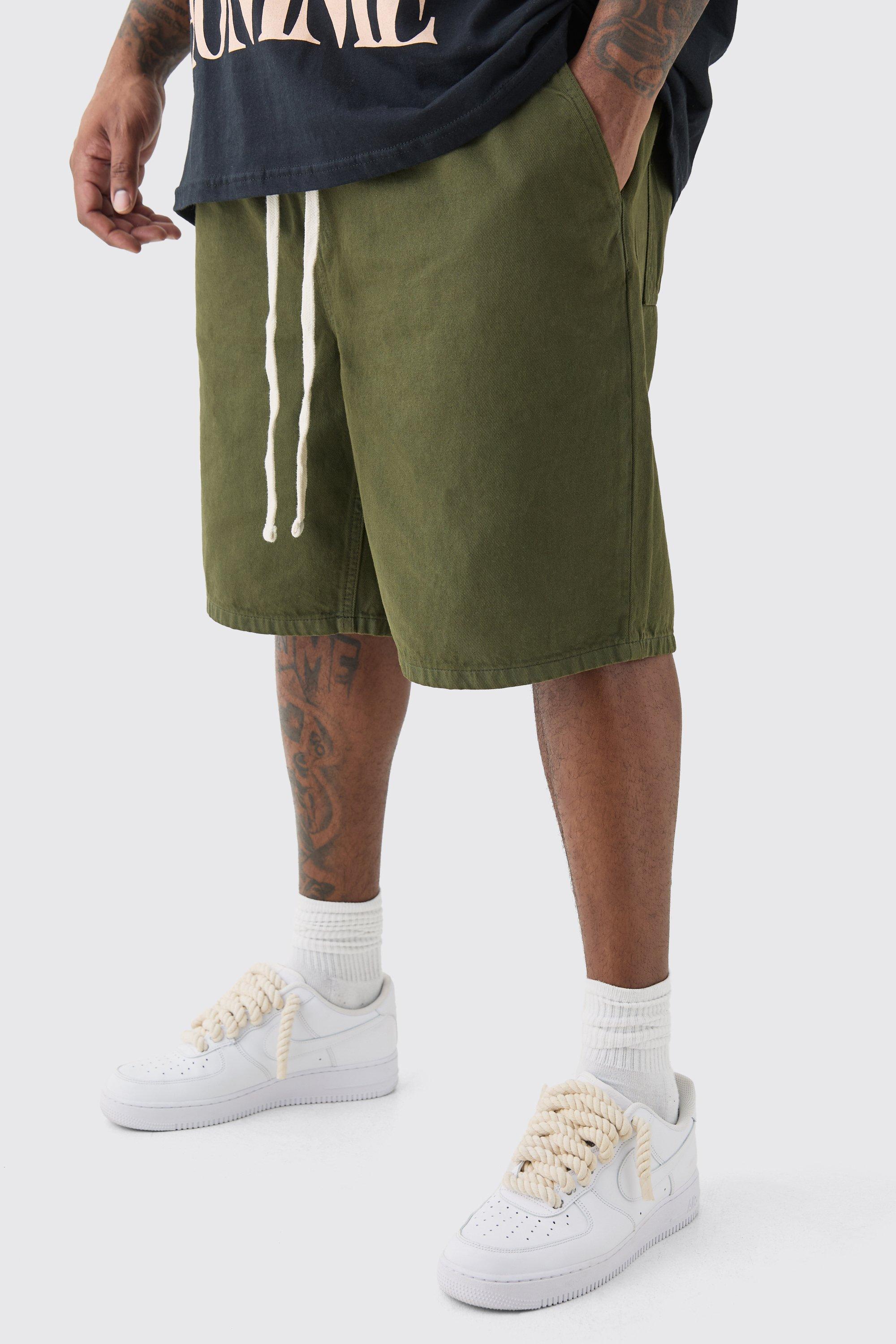 Plus Elastic Waist Drawcord Detail Slim Fit Shorts In Khaki | boohooMAN USA Product Image