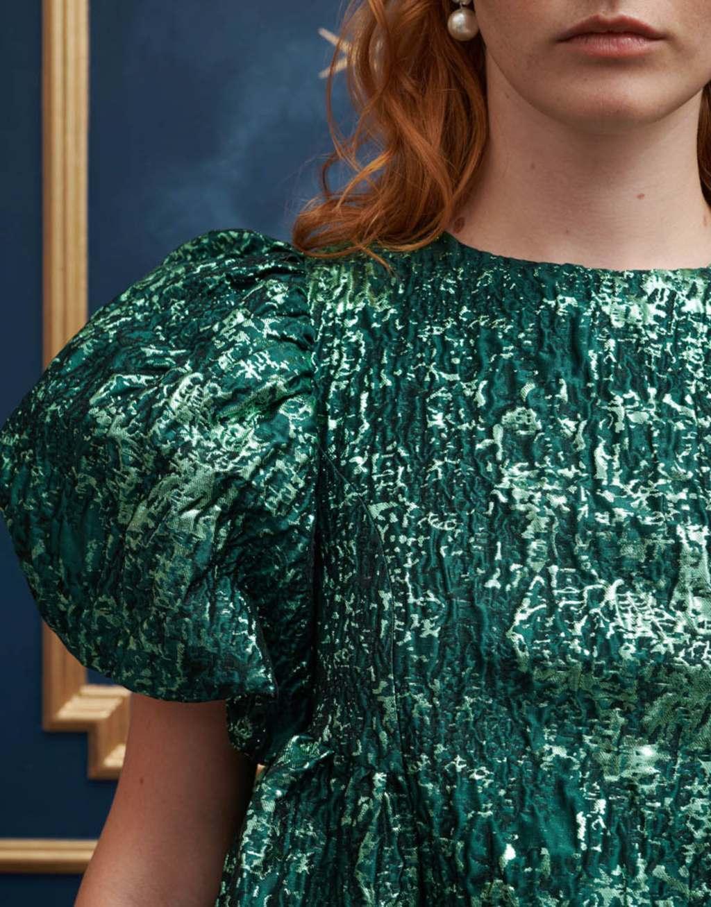 Sister Jane puff sleeve mini jacquard dress in emerald green Product Image