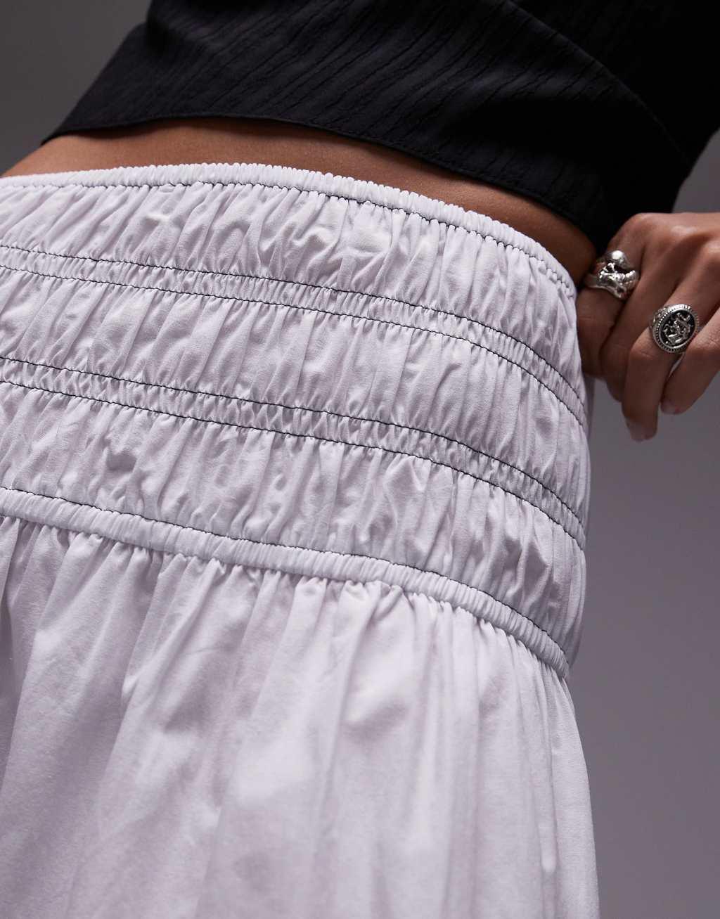 Topshop smocked waist maxi skirt in ivory with black topstitching Product Image