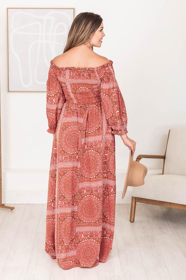 Sounds In My Mind Brick Smocked Bust Off The Shoulder Printed Maxi Dress Product Image