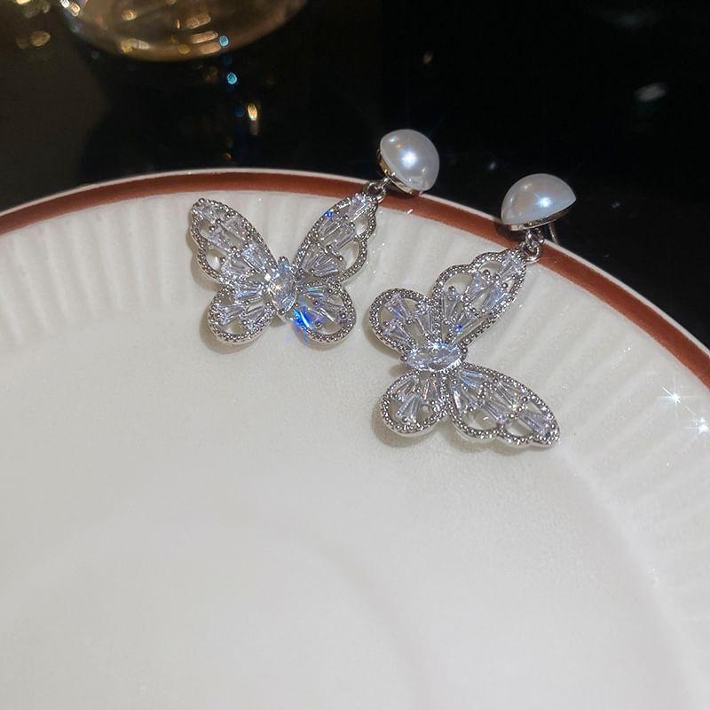 Butterfly Rhinestone Faux Pearl Drop Earring Product Image