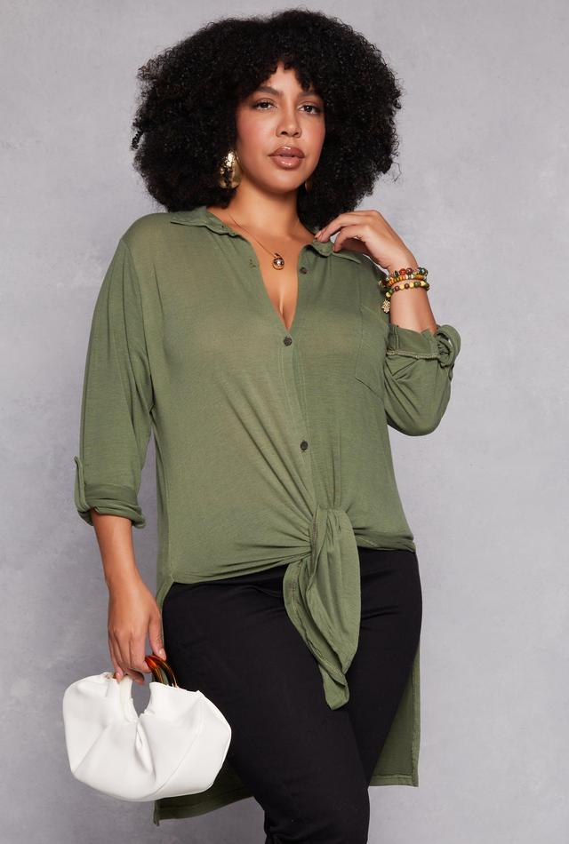 Plus Size Tabbed Sleeve Button Front Tunic Shirt Female Product Image