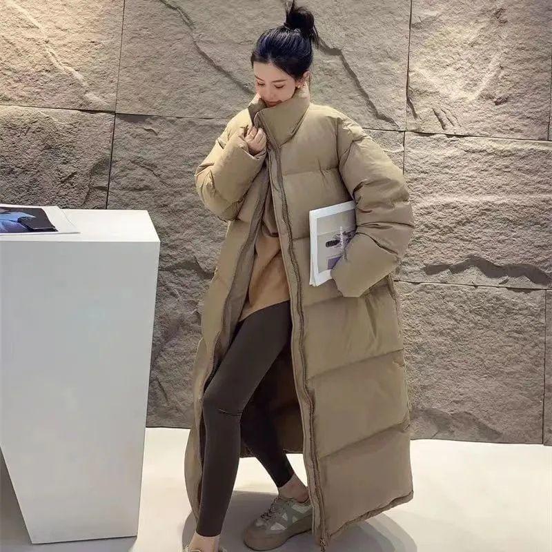 Stand Collar Plain Zip Long Puffer Coat Product Image