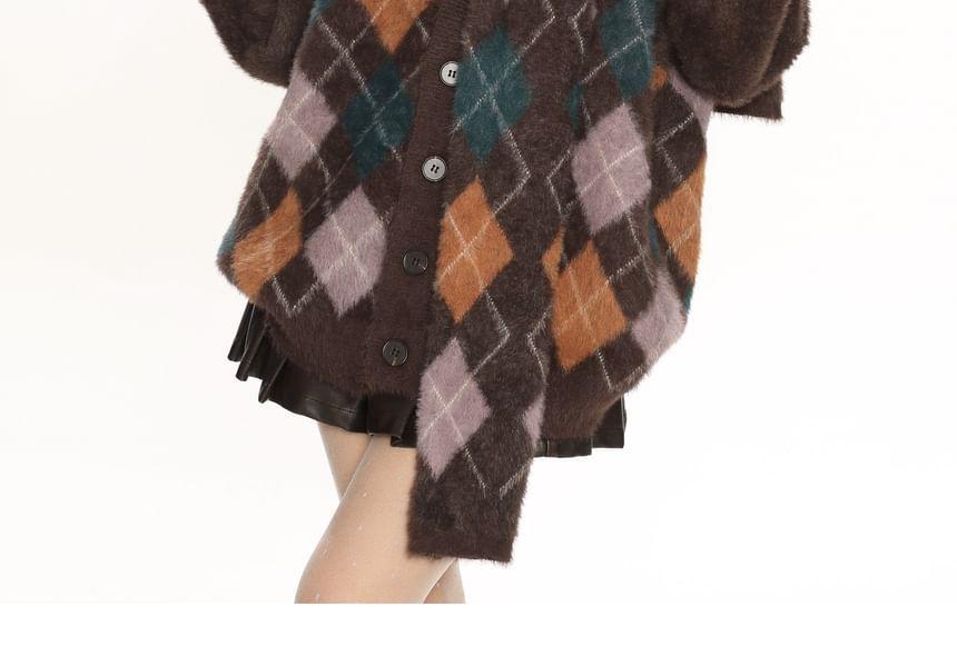 Set: V-Neck Argyle Button Cardigan + Scarf Product Image