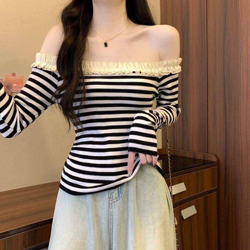 Long-Sleeve Off-Shoulder Ruffle Trim Slim Fit T-Shirt Product Image