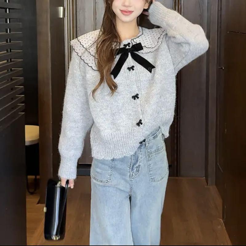 Long Sleeve Doll Collar Bow Accent Loose-Fit Cardigan Product Image