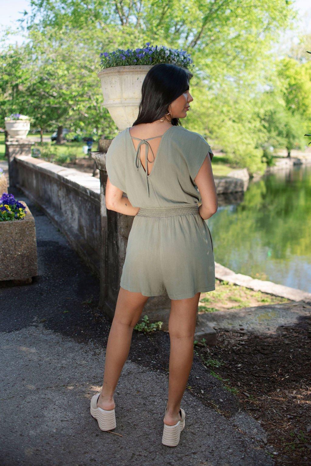 Olive V Neck Smocked Linen Romper - FINAL SALE Product Image