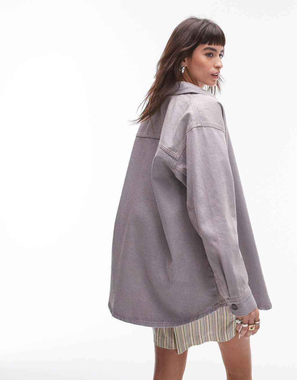 Topshop denim shacket in sandstorm gray Product Image