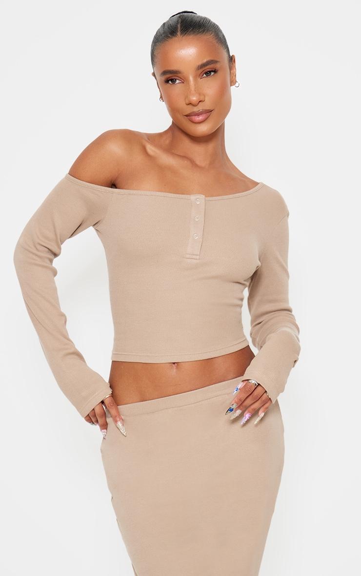 Taupe Asymmetric Neck Ribbed Long Sleeve Top product image