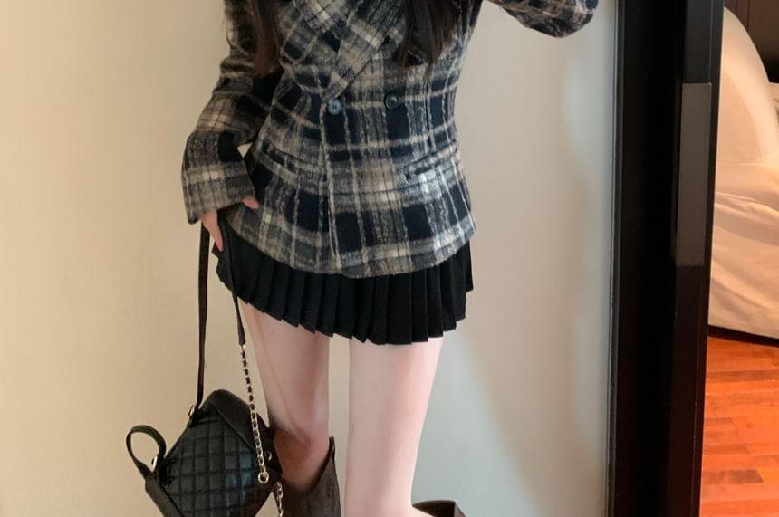 Shawl Collar Plaid Double-Breasted Blazer / High Waist Plain Pleated Mini A-Line Skirt Product Image