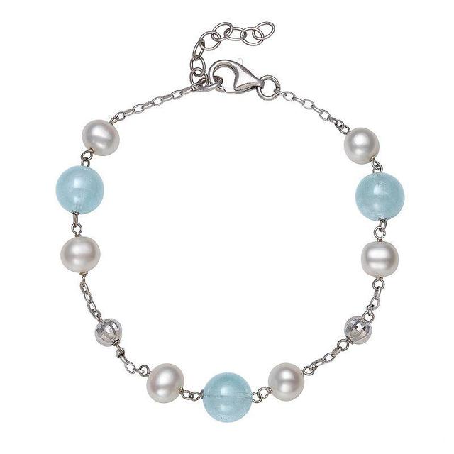 Sterling Silver Freshwater Pearl & Aquamarine Bead Bracelet, Womens Product Image