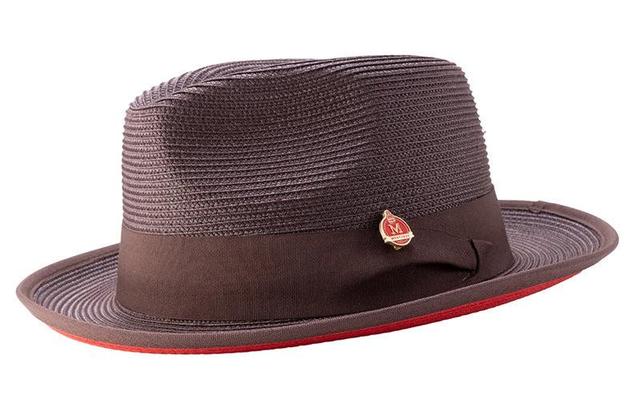 Brown Wide Brim Braided Pinch Fedora Hat with Red Bottom Product Image