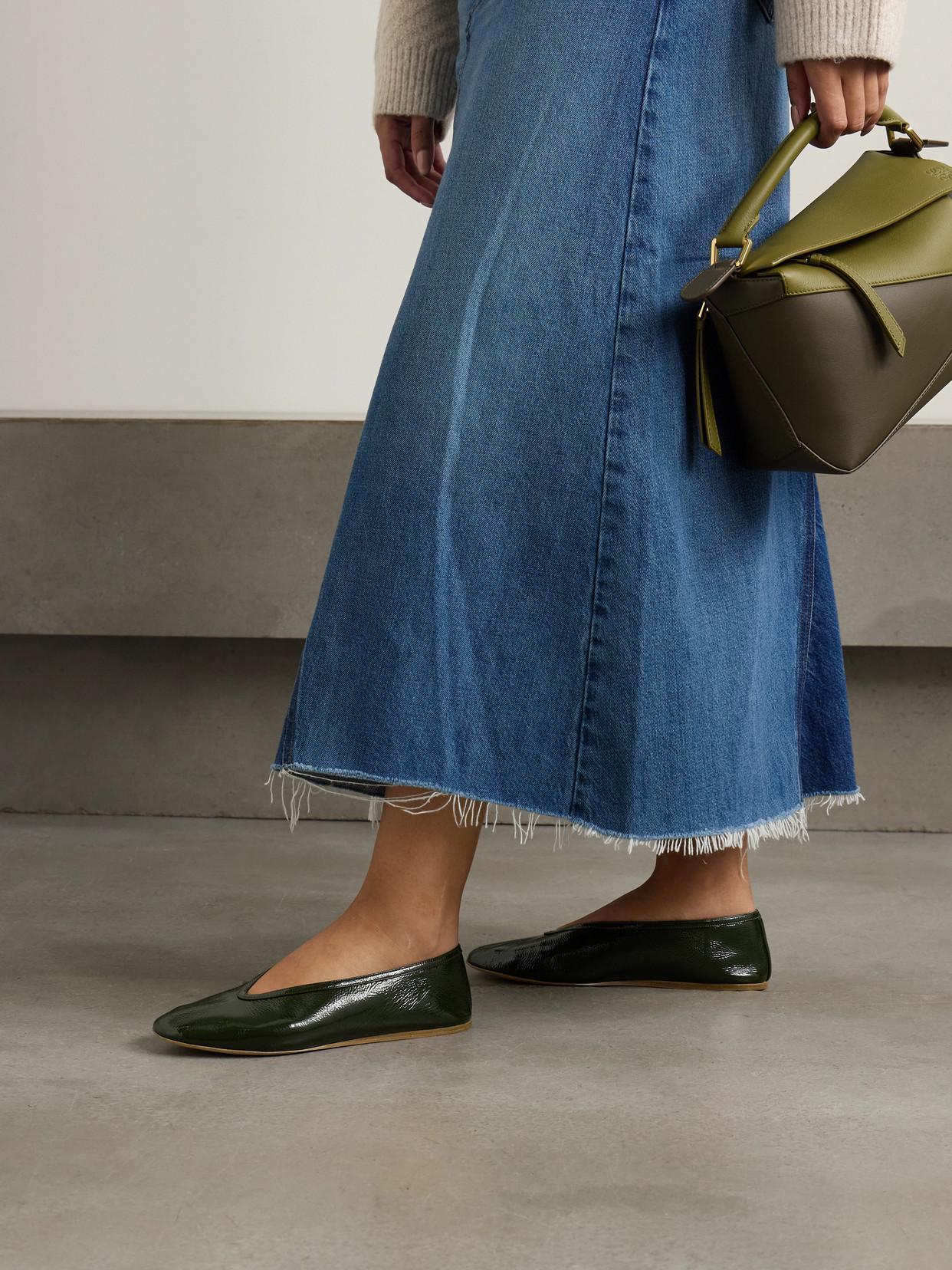 Luna Patent Textured-leather Ballet Flats In Green Product Image