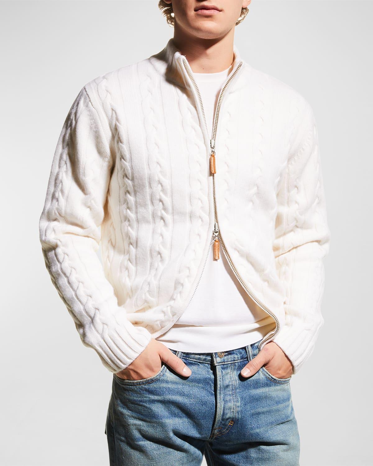 Neiman Marcus Men's Merino Wool-Cashmere Full-Zip Cable Sweater - Size: LARGE - IVORY Product Image