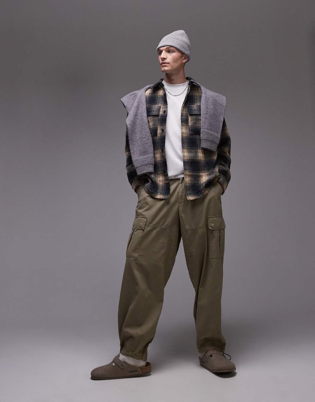 Topman long sleeve brushed plaid overshirt in brown Product Image