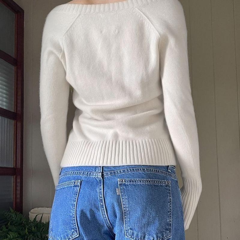 Long Sleeve V-Neck Plain Cable-Knit Loose-Fit Sweater Product Image