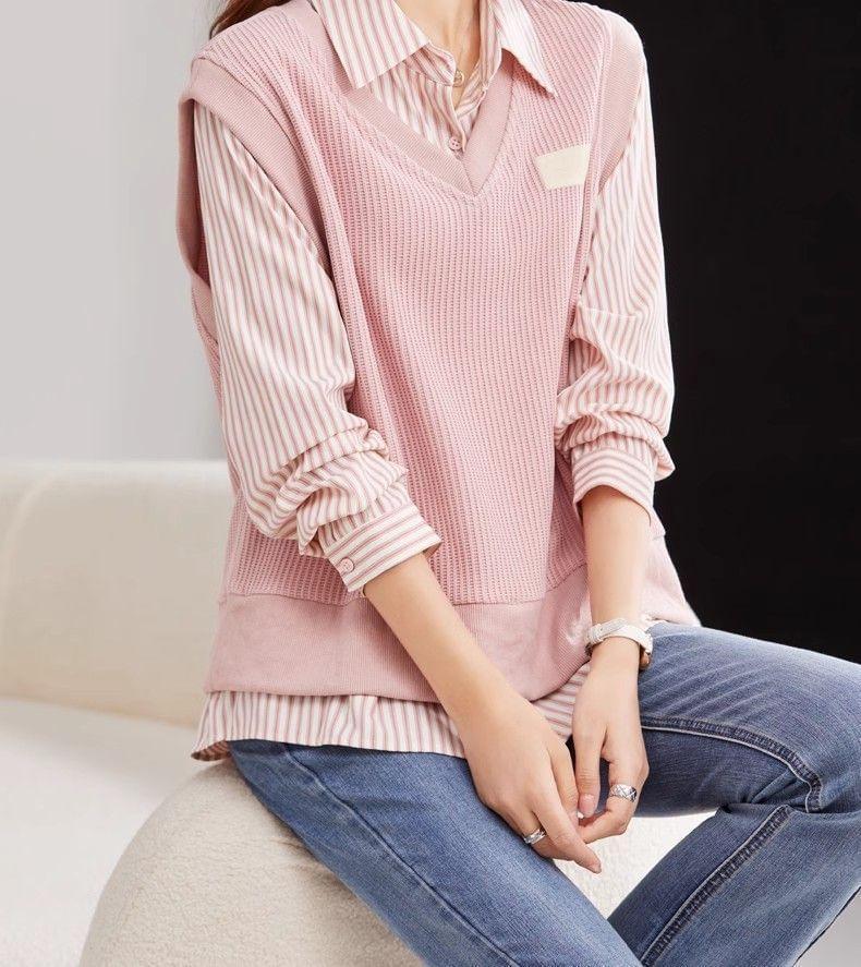 Mock Two-Piece Long-Sleeve Striped Panel Shirt Product Image